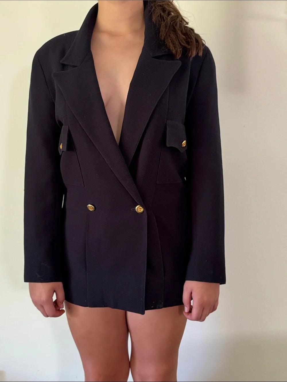 CHANEL Black Double-Breasted Blazer with Gold Buttons